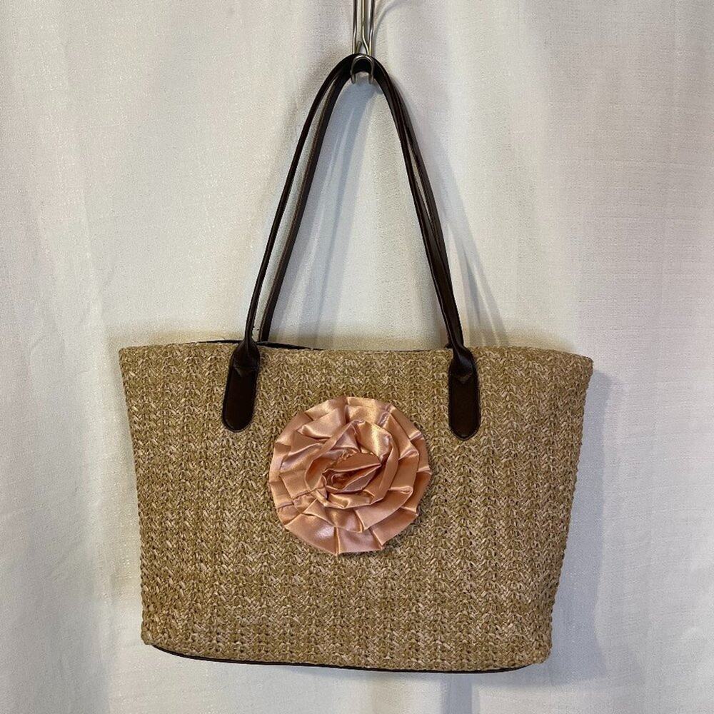 Braciano Woven Wicker Straw Shoulder Strap Purse with Flower